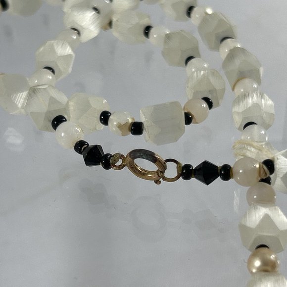 Long 56" Beaded Necklace White Faceted Beads Black Spacers Tunic Length - Picture 5 of 12